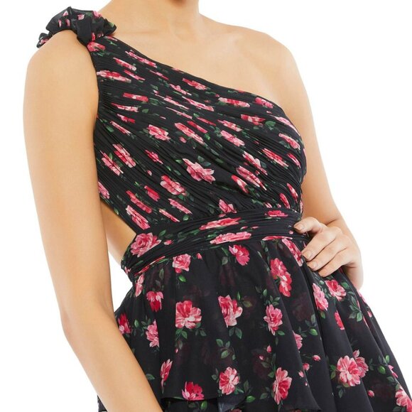 NWT Mac Duggal 70246 One Shoulder Ruffled Rose Floral High Low Gown Black - Picture 2 of 10